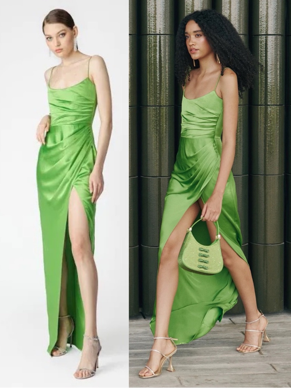 SAU Lee Perla Satin Ruched Column Gown Apple Green NEW with tags